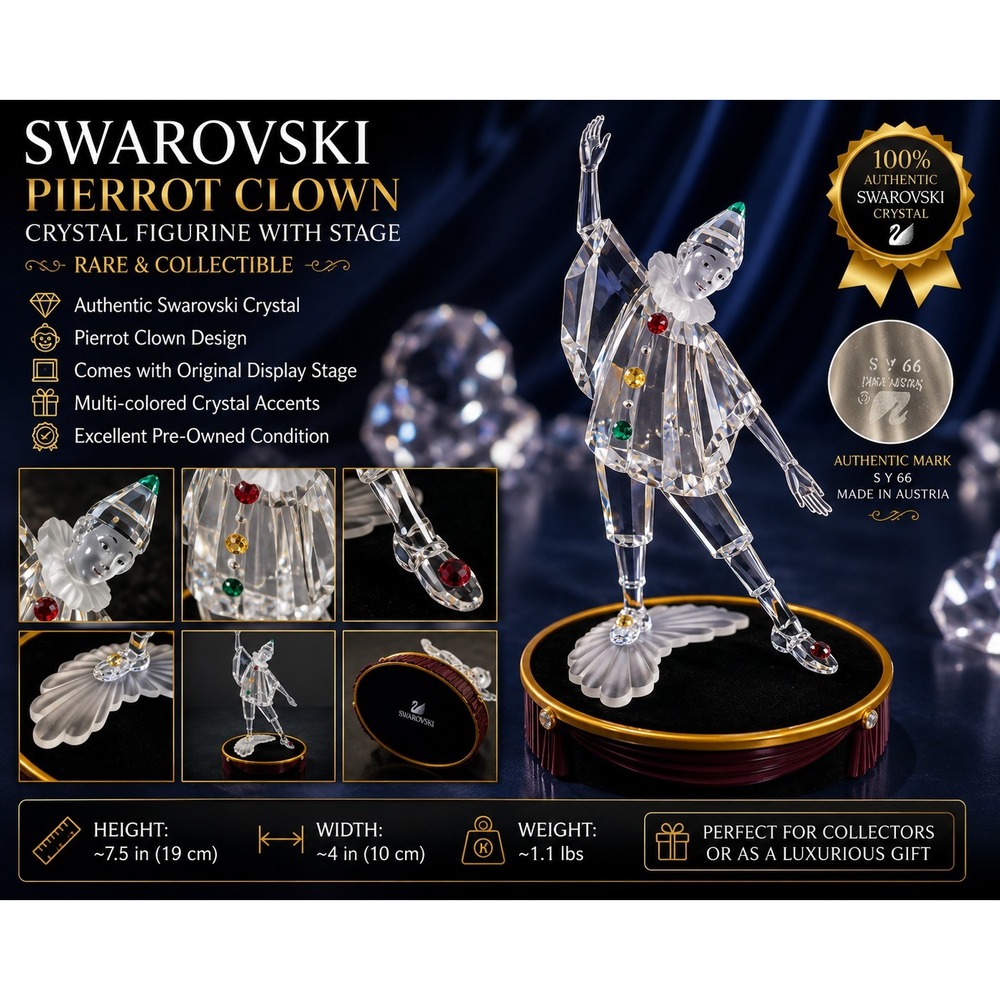 Swarovski Crystal Pierrot Clown Figurine w/ Original Display Stand Retired 1999